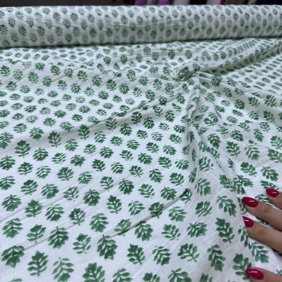 Flam Keten Kumaş %100 Pamuk Çift En Yeşil Çiçek Desenli