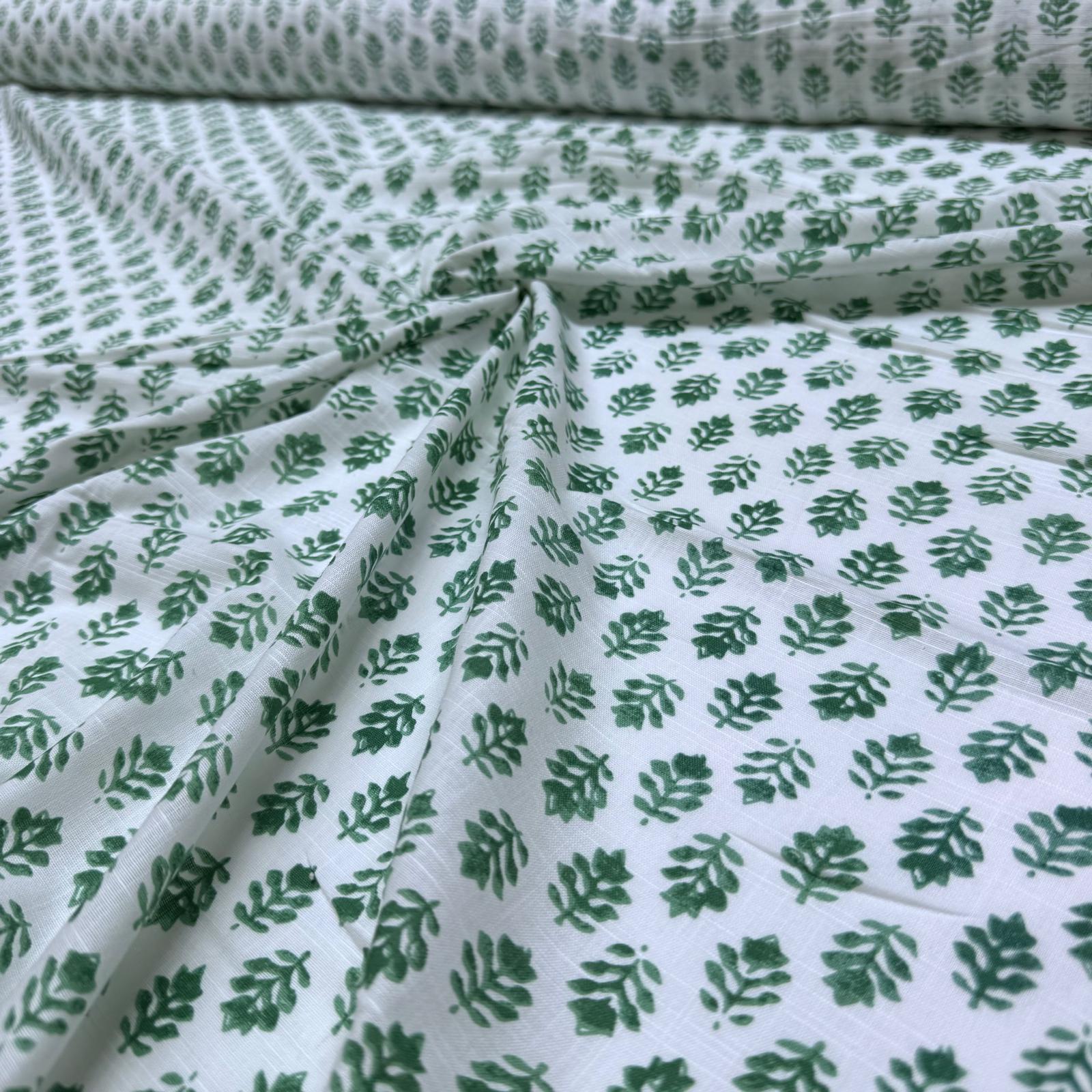 Flam Keten Kumaş %100 Pamuk Çift En Yeşil Çiçek Desenli