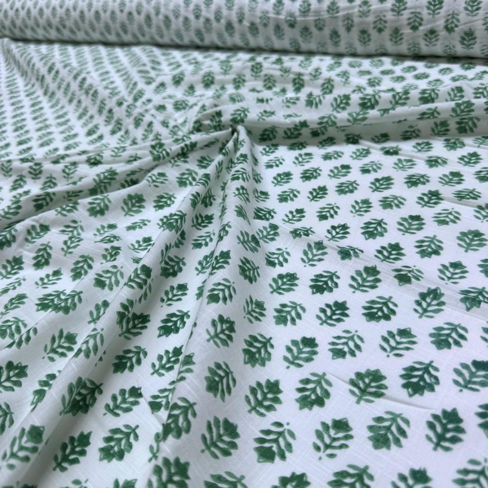 Flam Keten Kumaş %100 Pamuk Çift En Yeşil Çiçek Desenli