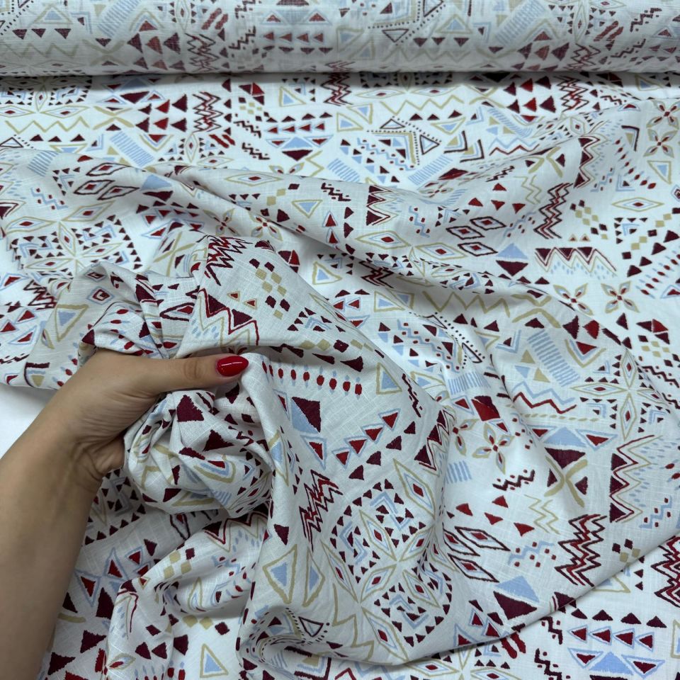 Flam Keten Kumaş %100 Pamuk Çift En Kırmızı Geometrik Desenli