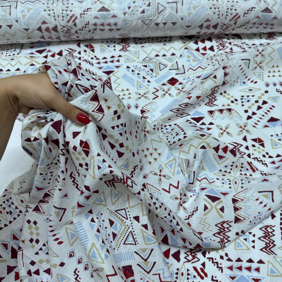 Flam Keten Kumaş %100 Pamuk Çift En Kırmızı Geometrik Desenli