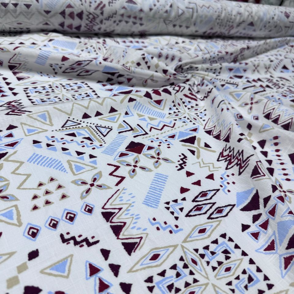 Flam Keten Kumaş %100 Pamuk Çift En Kırmızı Geometrik Desenli