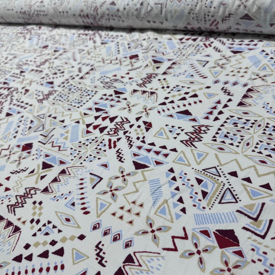 Flam Keten Kumaş %100 Pamuk Çift En Kırmızı Geometrik Desenli