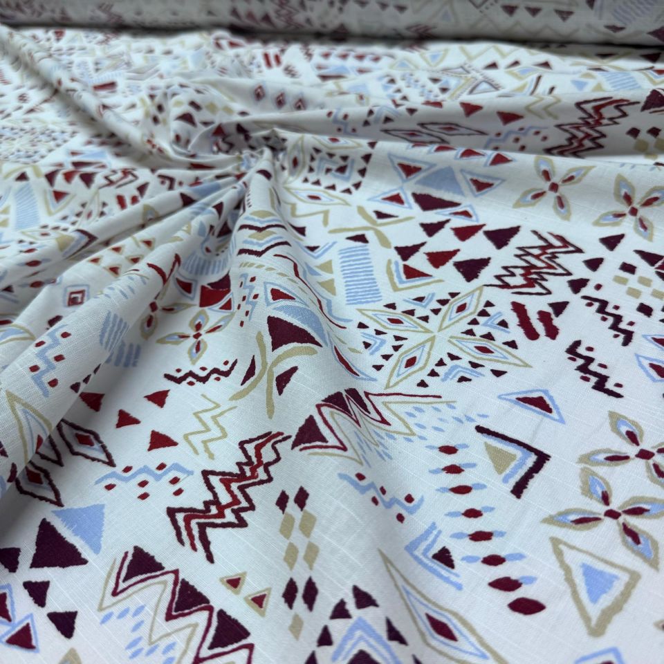 Flam Keten Kumaş %100 Pamuk Çift En Kırmızı Geometrik Desenli