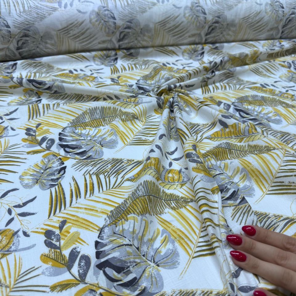 Flam Keten Kumaş %100 Pamuk Çift En Sarı Yaprak Desenli