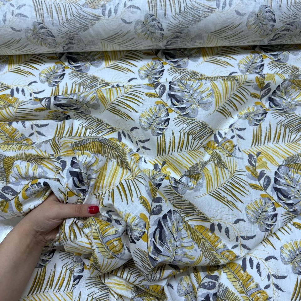 Flam Keten Kumaş %100 Pamuk Çift En Sarı Yaprak Desenli