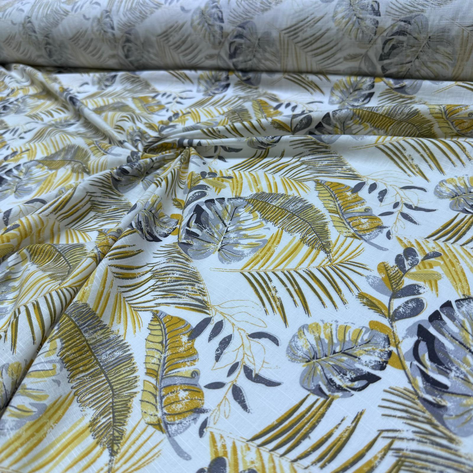 Flam Keten Kumaş %100 Pamuk Çift En Sarı Yaprak Desenli