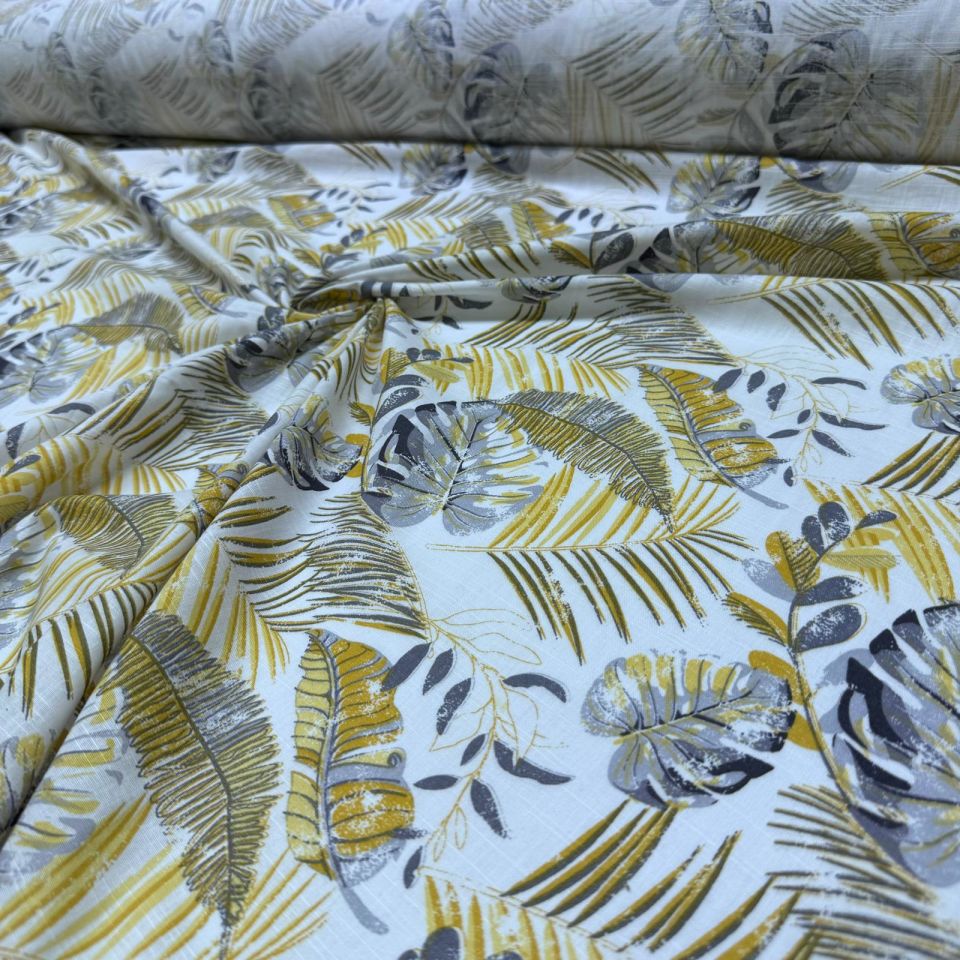 Flam Keten Kumaş %100 Pamuk Çift En Sarı Yaprak Desenli