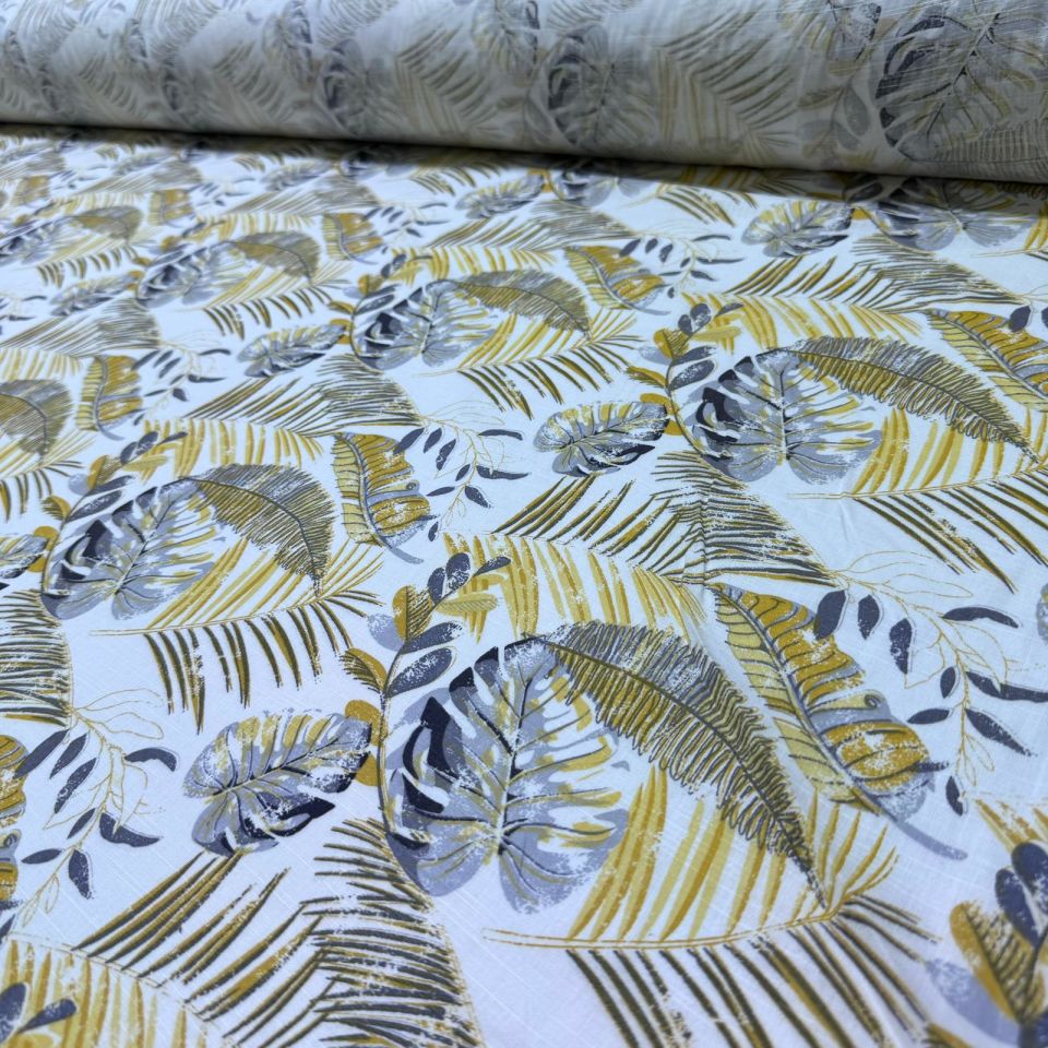 Flam Keten Kumaş %100 Pamuk Çift En Sarı Yaprak Desenli