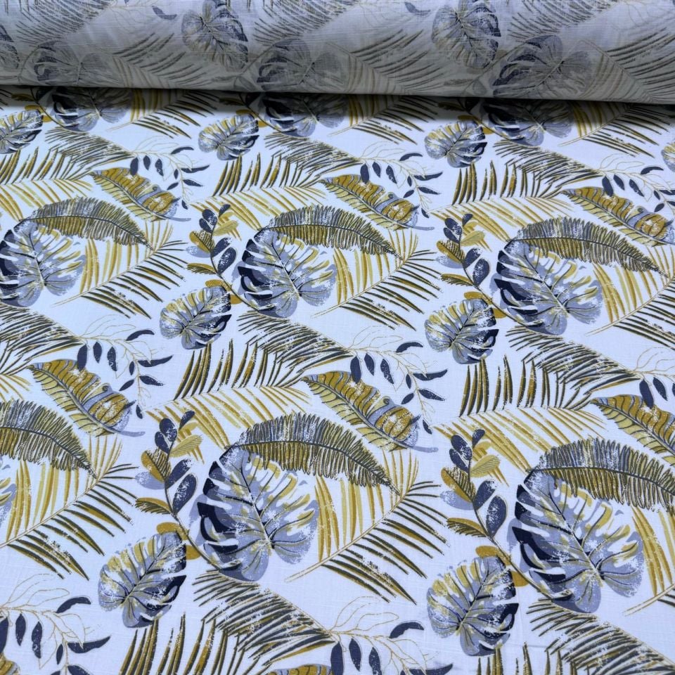 Flam Keten Kumaş %100 Pamuk Çift En Sarı Yaprak Desenli