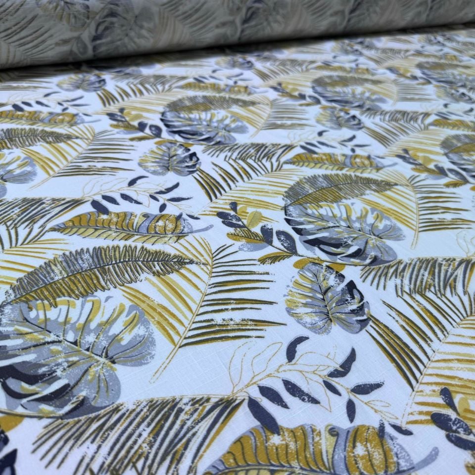 Flam Keten Kumaş %100 Pamuk Çift En Sarı Yaprak Desenli