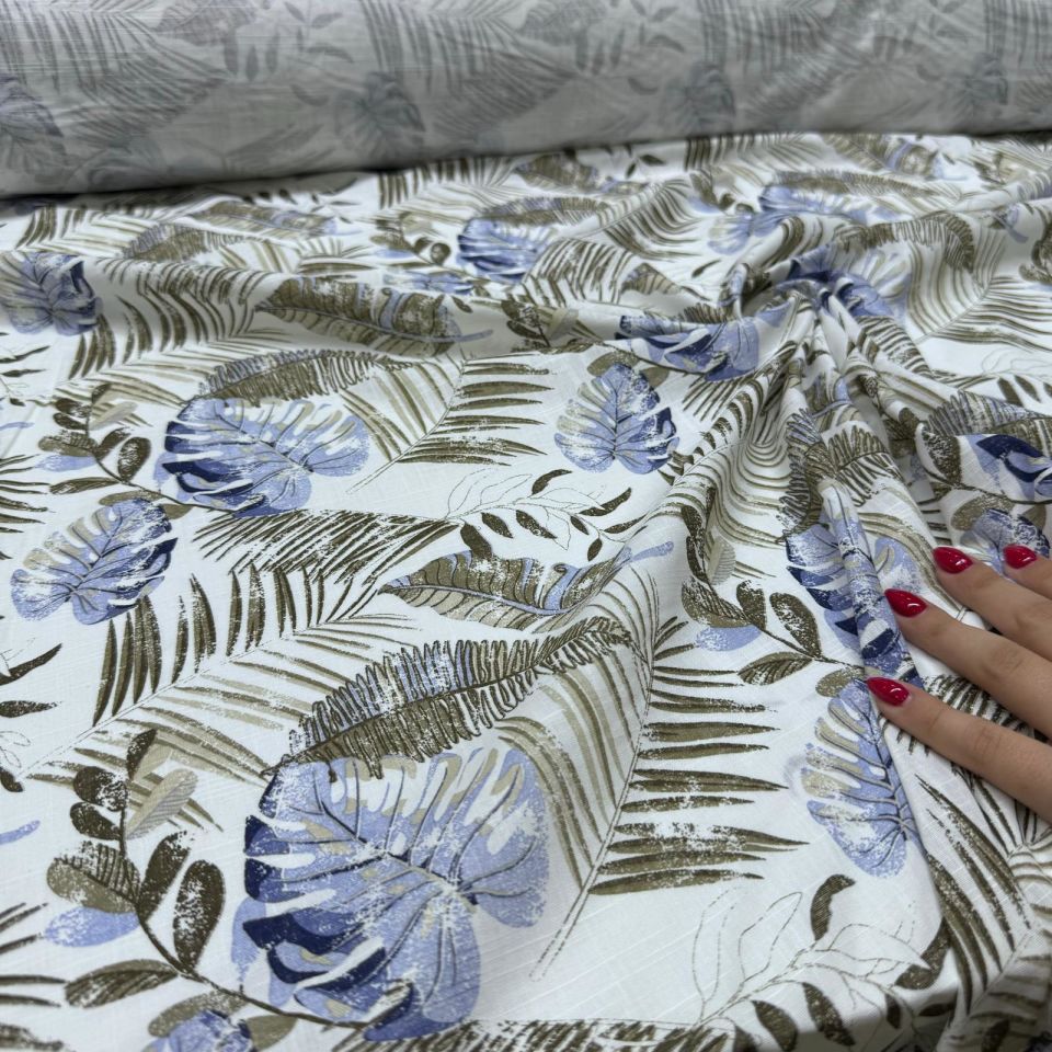 Flam Keten Kumaş %100 Pamuk Çift En Mavi Yaprak Desenli