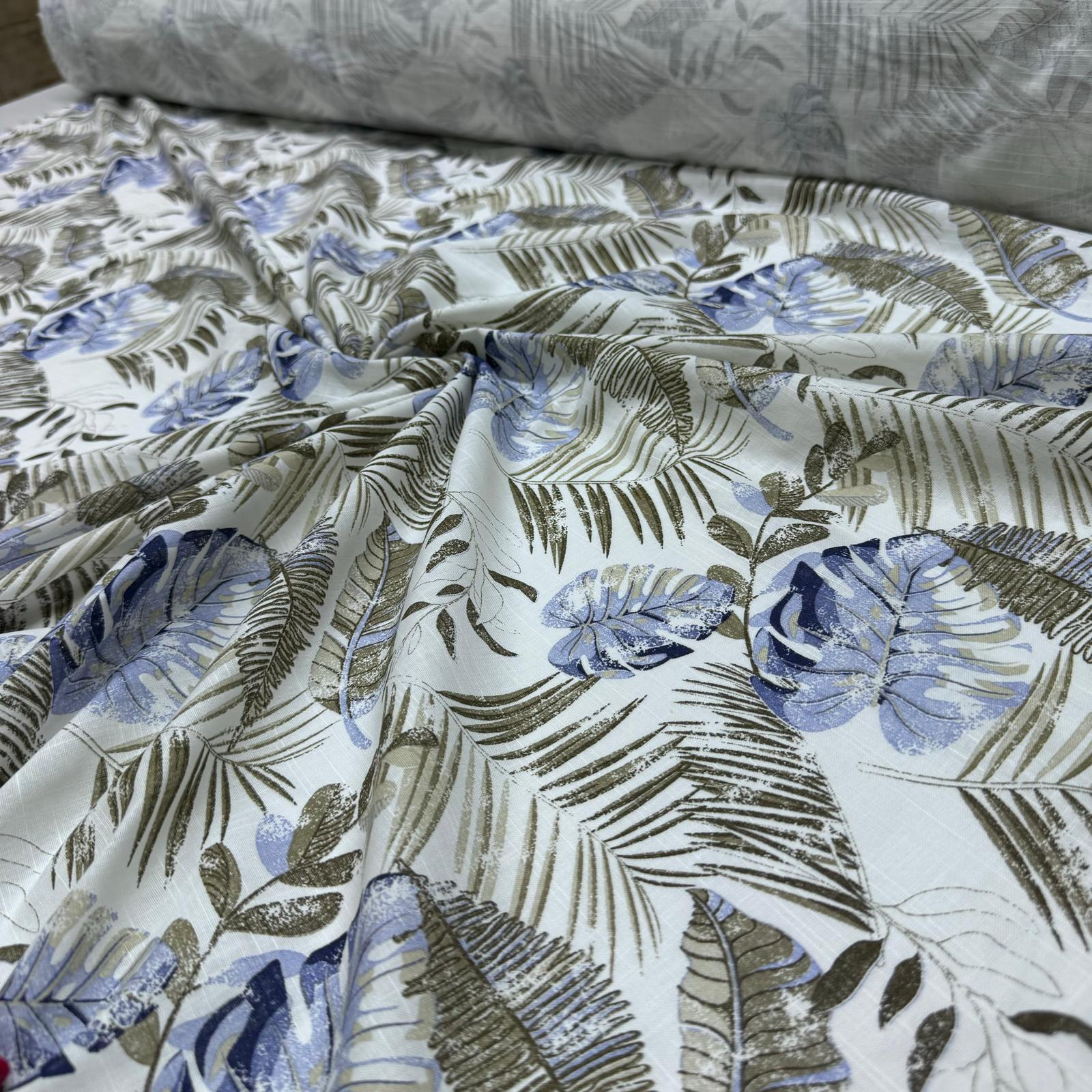 Flam Keten Kumaş %100 Pamuk Çift En Mavi Yaprak Desenli