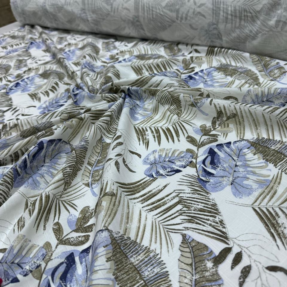 Flam Keten Kumaş %100 Pamuk Çift En Mavi Yaprak Desenli