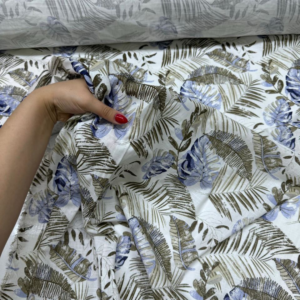 Flam Keten Kumaş %100 Pamuk Çift En Mavi Yaprak Desenli