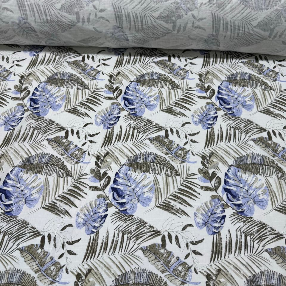 Flam Keten Kumaş %100 Pamuk Çift En Mavi Yaprak Desenli