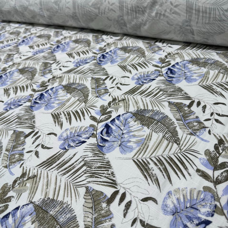 Flam Keten Kumaş %100 Pamuk Çift En Mavi Yaprak Desenli