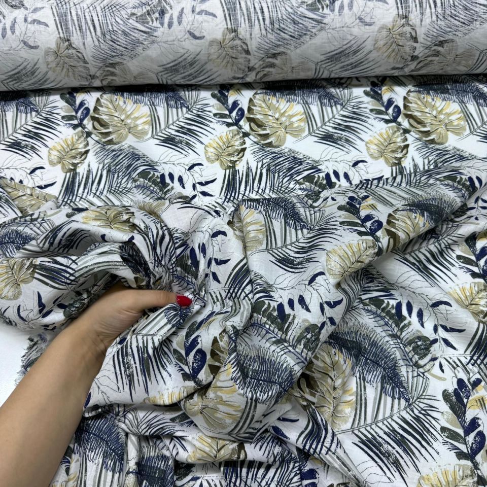 Flam Keten Kumaş %100 Pamuk Çift En Antrasit Somon Renk Yaprak Desenli