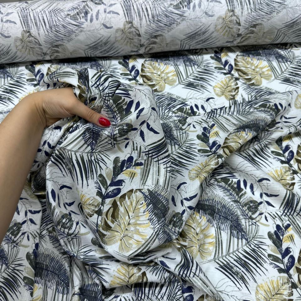 Flam Keten Kumaş %100 Pamuk Çift En Antrasit Somon Renk Yaprak Desenli