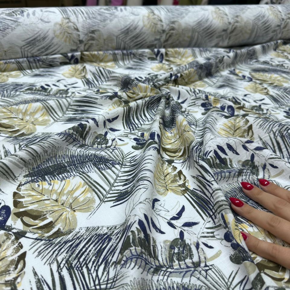 Flam Keten Kumaş %100 Pamuk Çift En Antrasit Somon Renk Yaprak Desenli