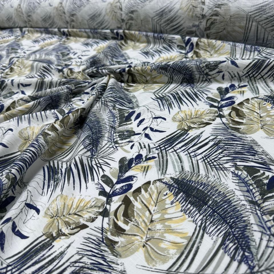 Flam Keten Kumaş %100 Pamuk Çift En Antrasit Somon Renk Yaprak Desenli