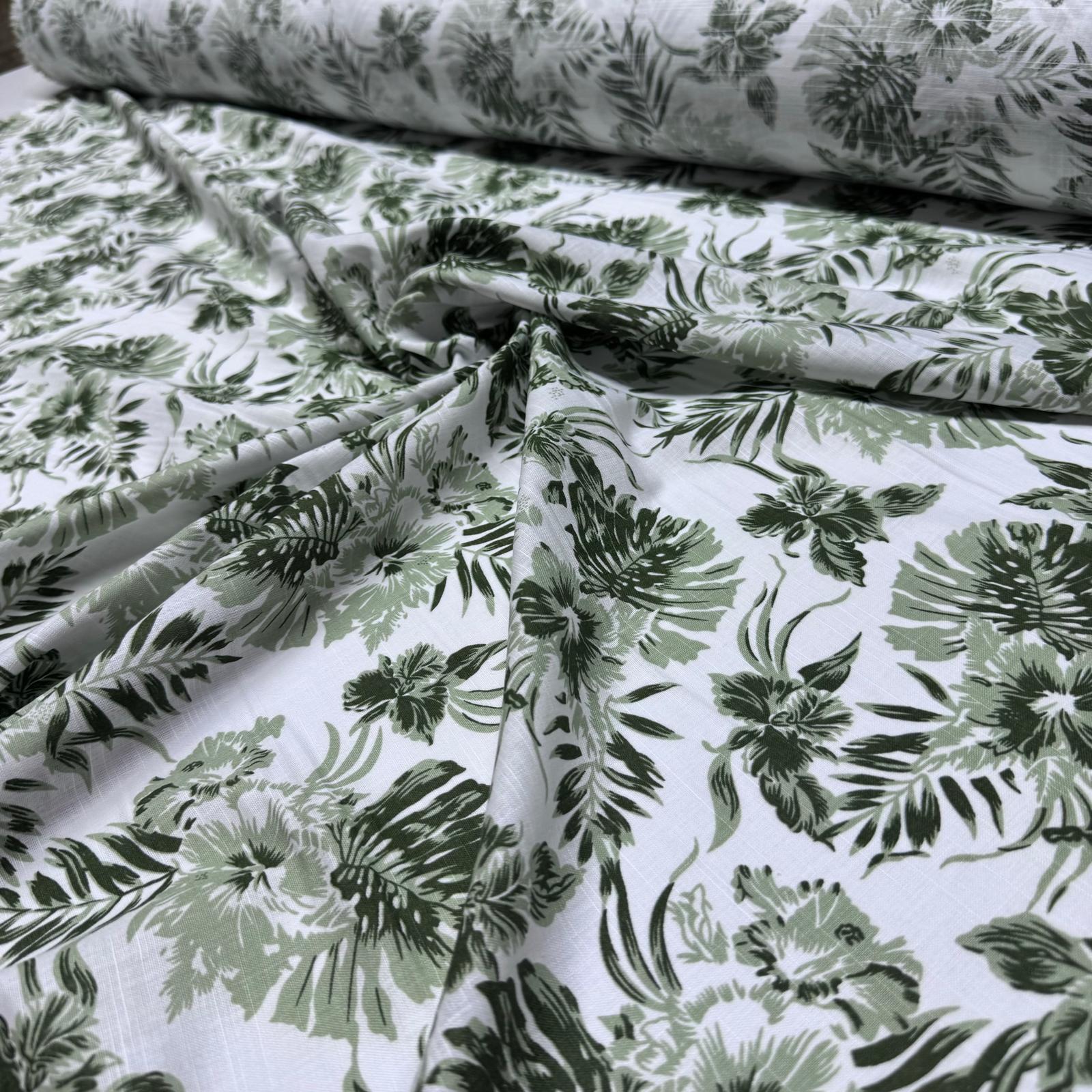 Flam Keten Kumaş %100 Pamuk Çift En Yeşil Yaprak ve Çiçek Desenli