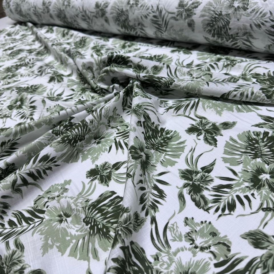 Flam Keten Kumaş %100 Pamuk Çift En Yeşil Yaprak ve Çiçek Desenli