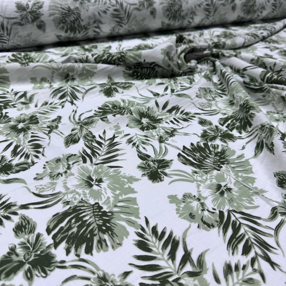 Flam Keten Kumaş %100 Pamuk Çift En Yeşil Yaprak ve Çiçek Desenli