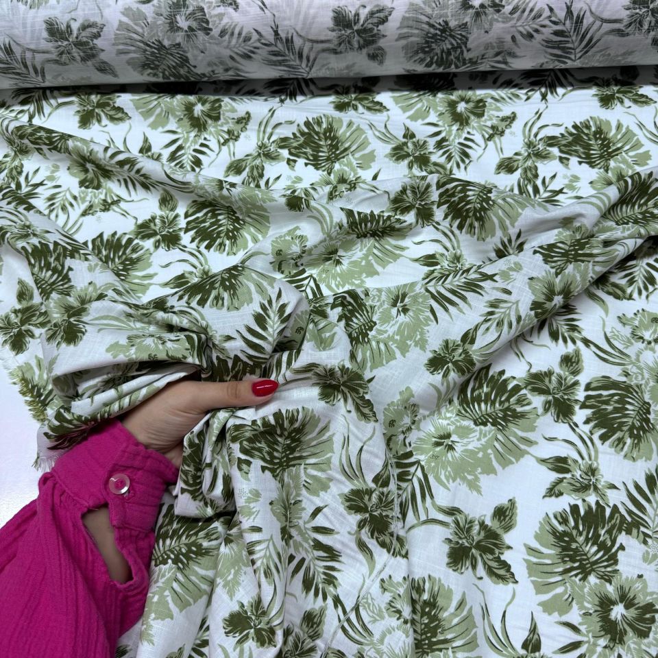 Flam Keten Kumaş %100 Pamuk Çift En Yeşil Yaprak ve Çiçek Desenli