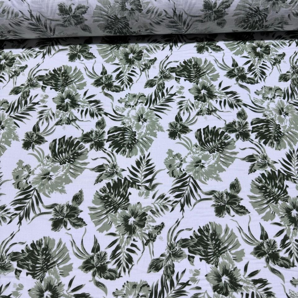 Flam Keten Kumaş %100 Pamuk Çift En Yeşil Yaprak ve Çiçek Desenli