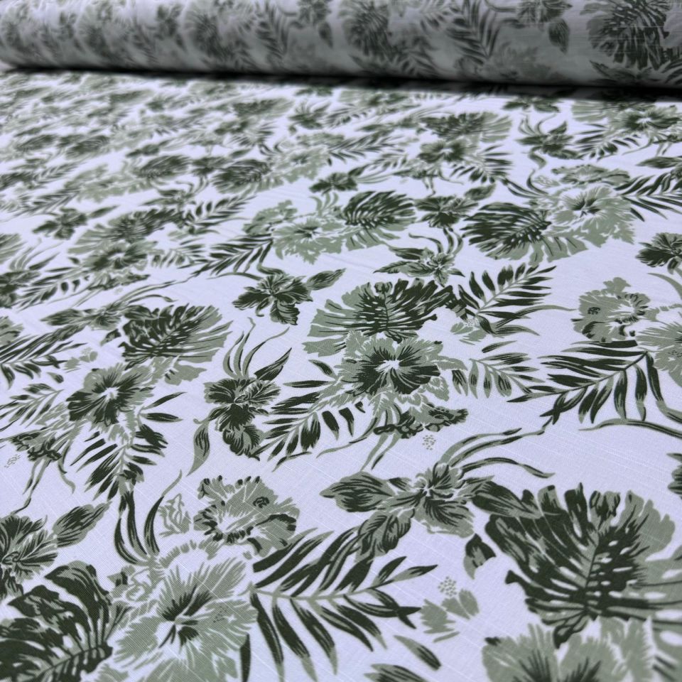 Flam Keten Kumaş %100 Pamuk Çift En Yeşil Yaprak ve Çiçek Desenli
