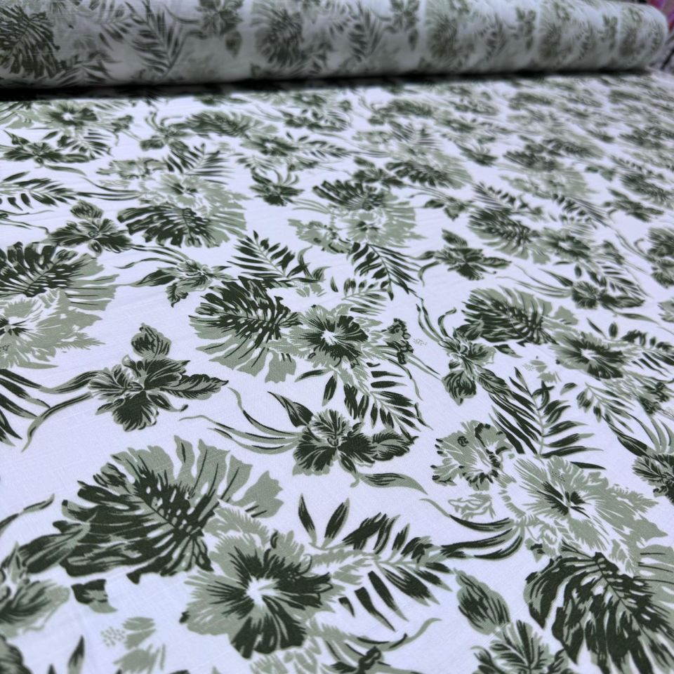 Flam Keten Kumaş %100 Pamuk Çift En Yeşil Yaprak ve Çiçek Desenli