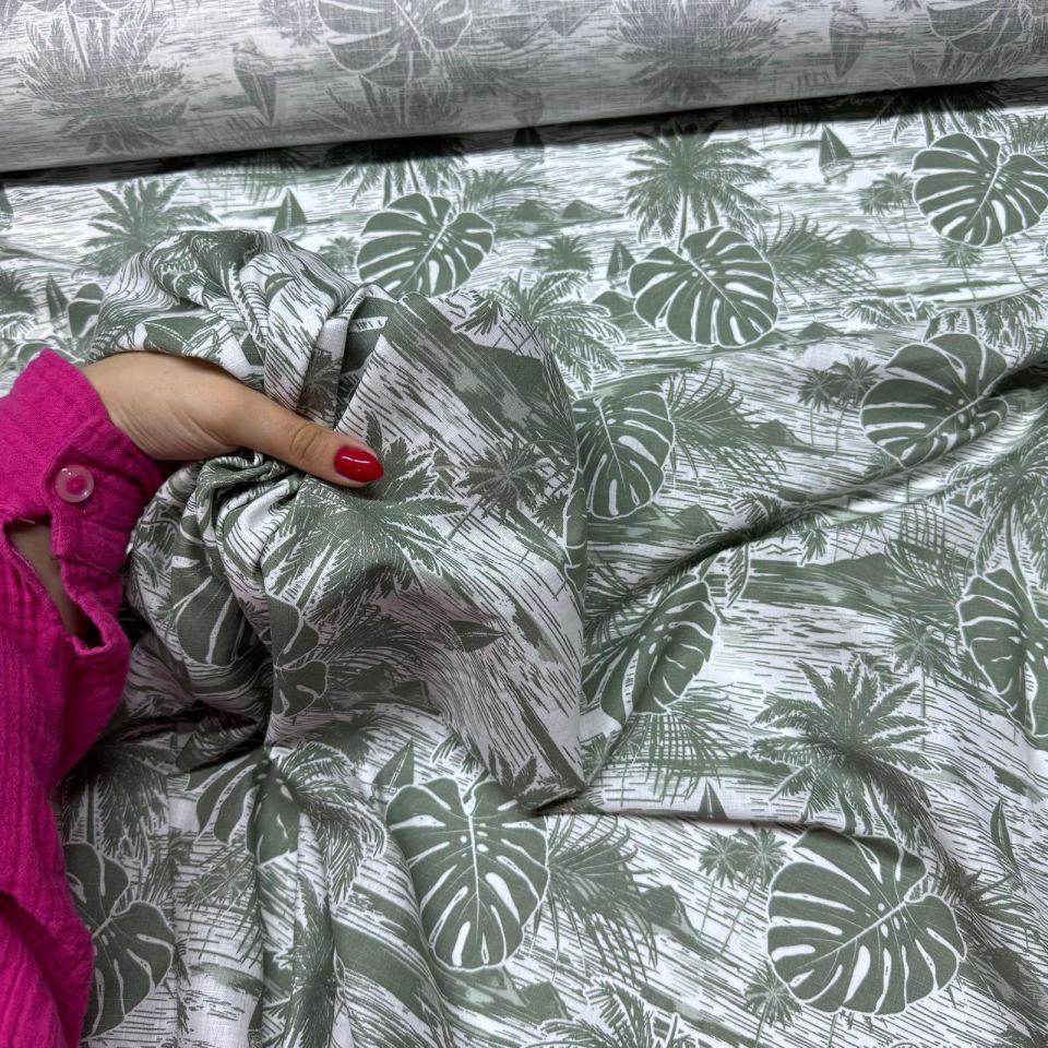 Flam Keten Kumaş %100 Pamuk Çift En Haki Yaprak ve Palmiye Desenli