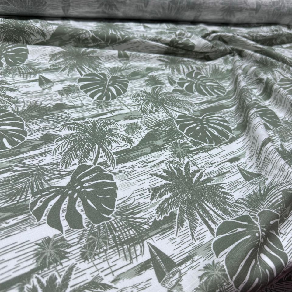 Flam Keten Kumaş %100 Pamuk Çift En Haki Yaprak ve Palmiye Desenli