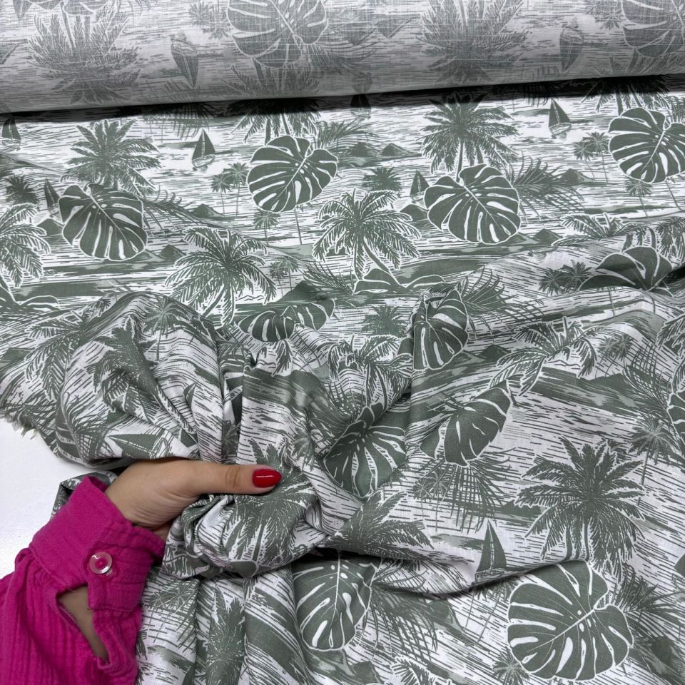 Flam Keten Kumaş %100 Pamuk Çift En Haki Yaprak ve Palmiye Desenli