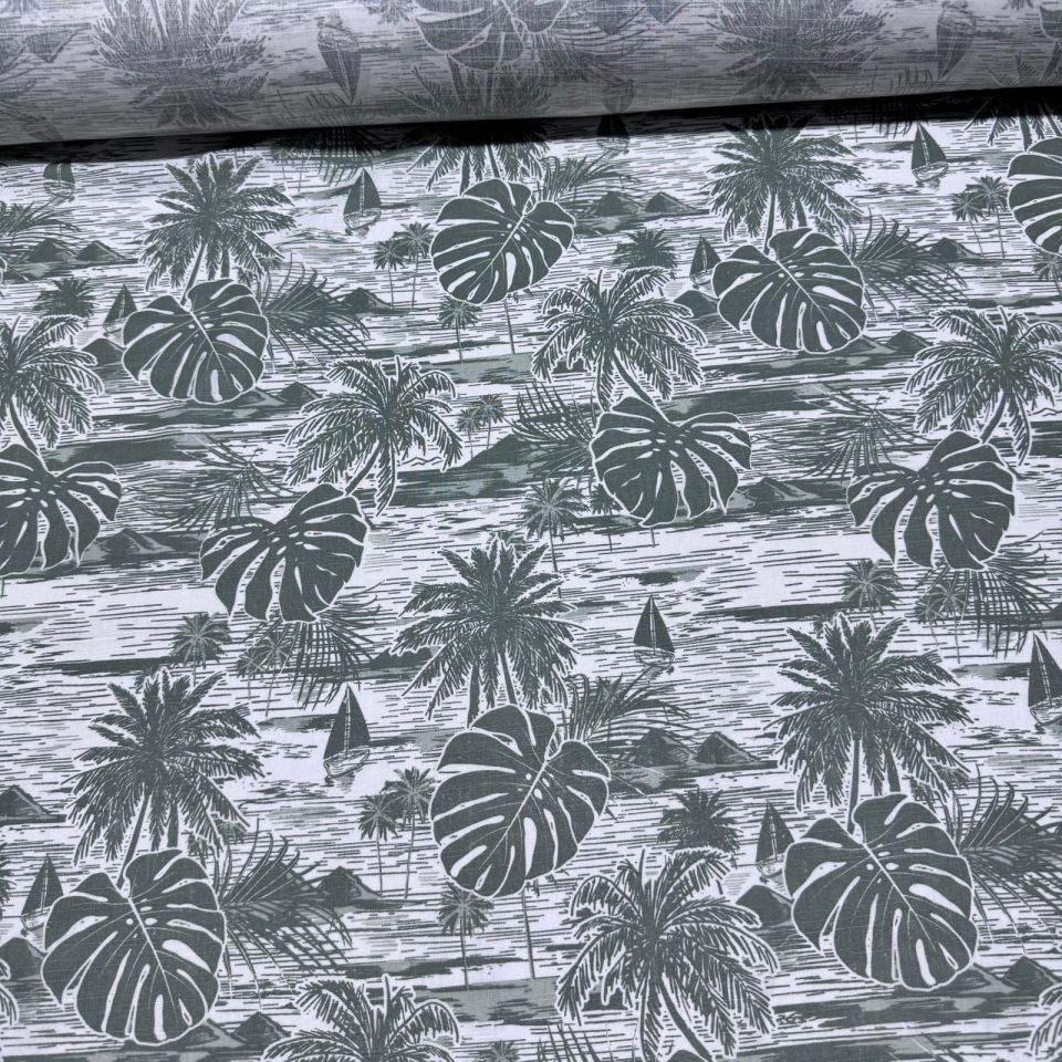 Flam Keten Kumaş %100 Pamuk Çift En Haki Yaprak ve Palmiye Desenli