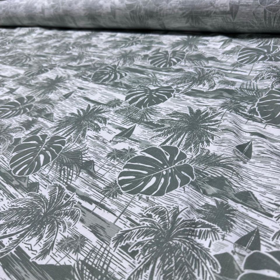 Flam Keten Kumaş %100 Pamuk Çift En Haki Yaprak ve Palmiye Desenli
