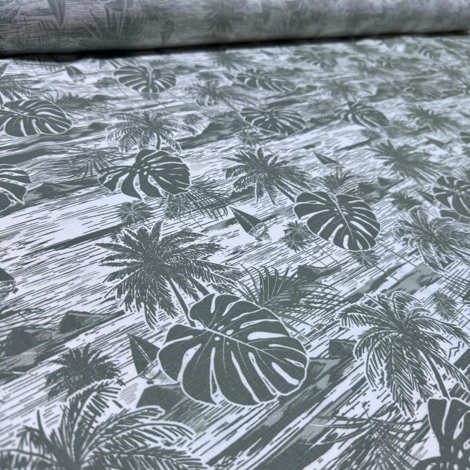 Flam Keten Kumaş %100 Pamuk Çift En Haki Yaprak ve Palmiye Desenli