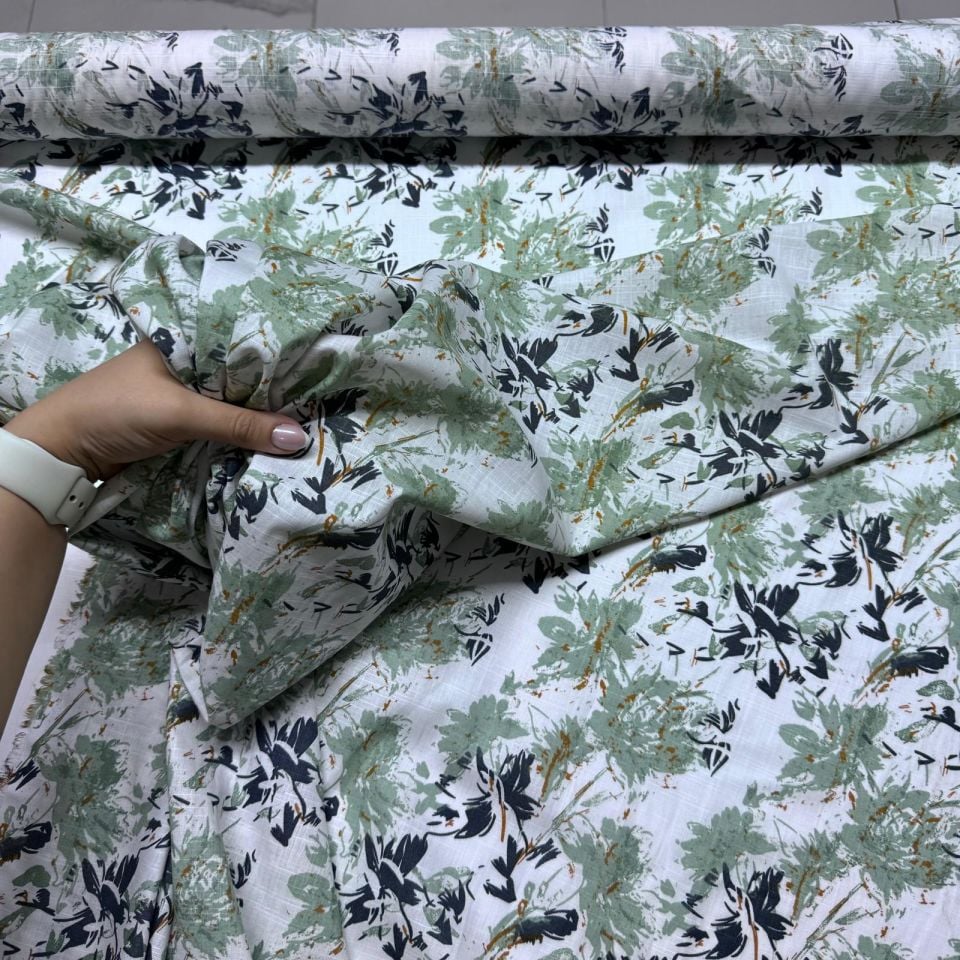 Flam Keten Kumaş %100 Pamuk Çift En Çiçek Desenli Yeşil Renk
