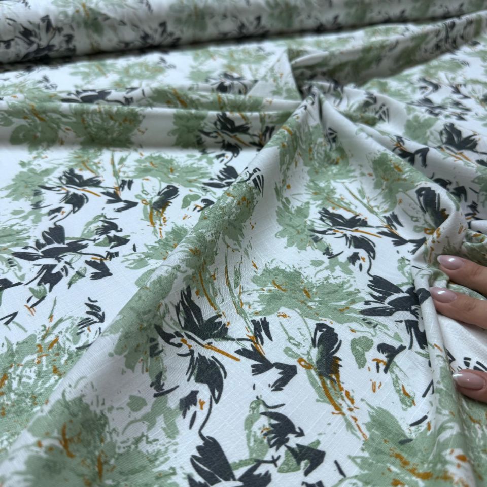 Flam Keten Kumaş %100 Pamuk Çift En Çiçek Desenli Yeşil Renk