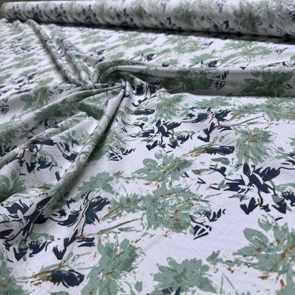 Flam Keten Kumaş %100 Pamuk Çift En Çiçek Desenli Yeşil Renk