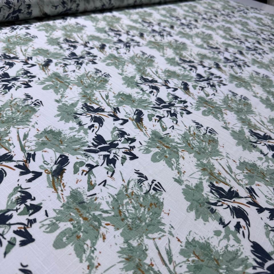 Flam Keten Kumaş %100 Pamuk Çift En Çiçek Desenli Yeşil Renk