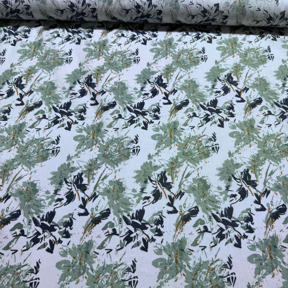 Flam Keten Kumaş %100 Pamuk Çift En Çiçek Desenli Yeşil Renk