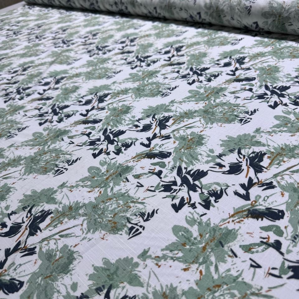 Flam Keten Kumaş %100 Pamuk Çift En Çiçek Desenli Yeşil Renk