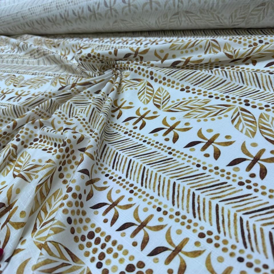 Flam Keten Kumaş %100 Pamuk Çift En Gold Renk Etnik Desenli