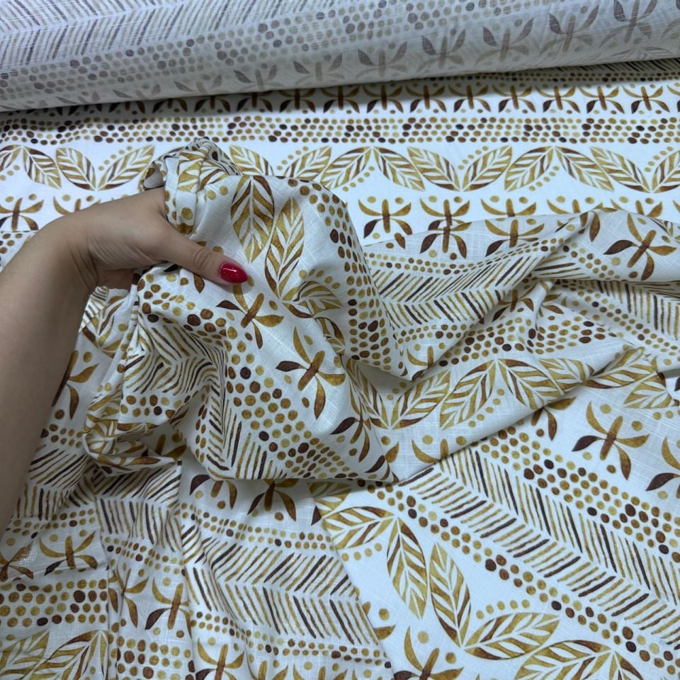 Flam Keten Kumaş %100 Pamuk Çift En Gold Renk Etnik Desenli