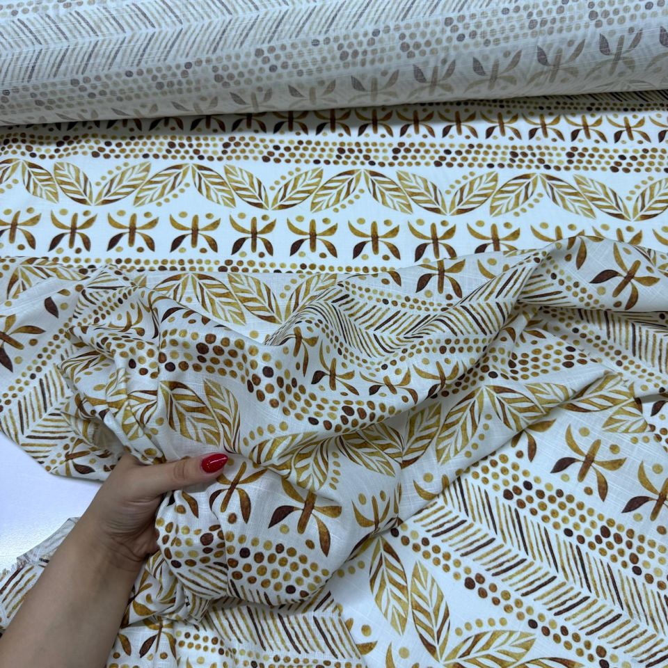 Flam Keten Kumaş %100 Pamuk Çift En Gold Renk Etnik Desenli