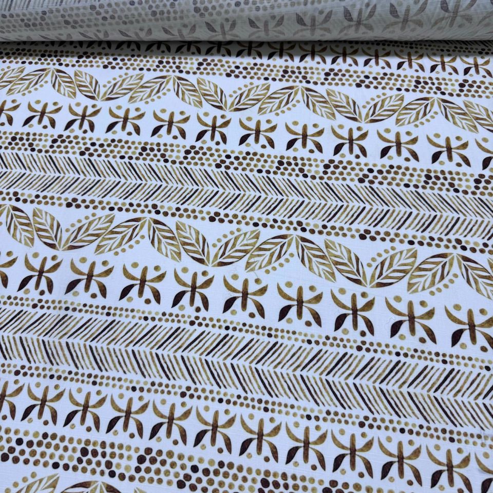 Flam Keten Kumaş %100 Pamuk Çift En Gold Renk Etnik Desenli