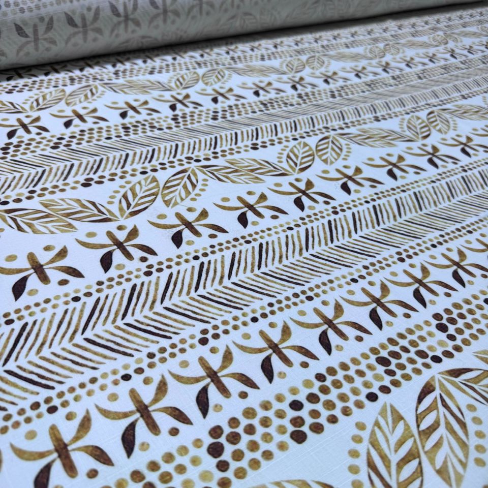 Flam Keten Kumaş %100 Pamuk Çift En Gold Renk Etnik Desenli