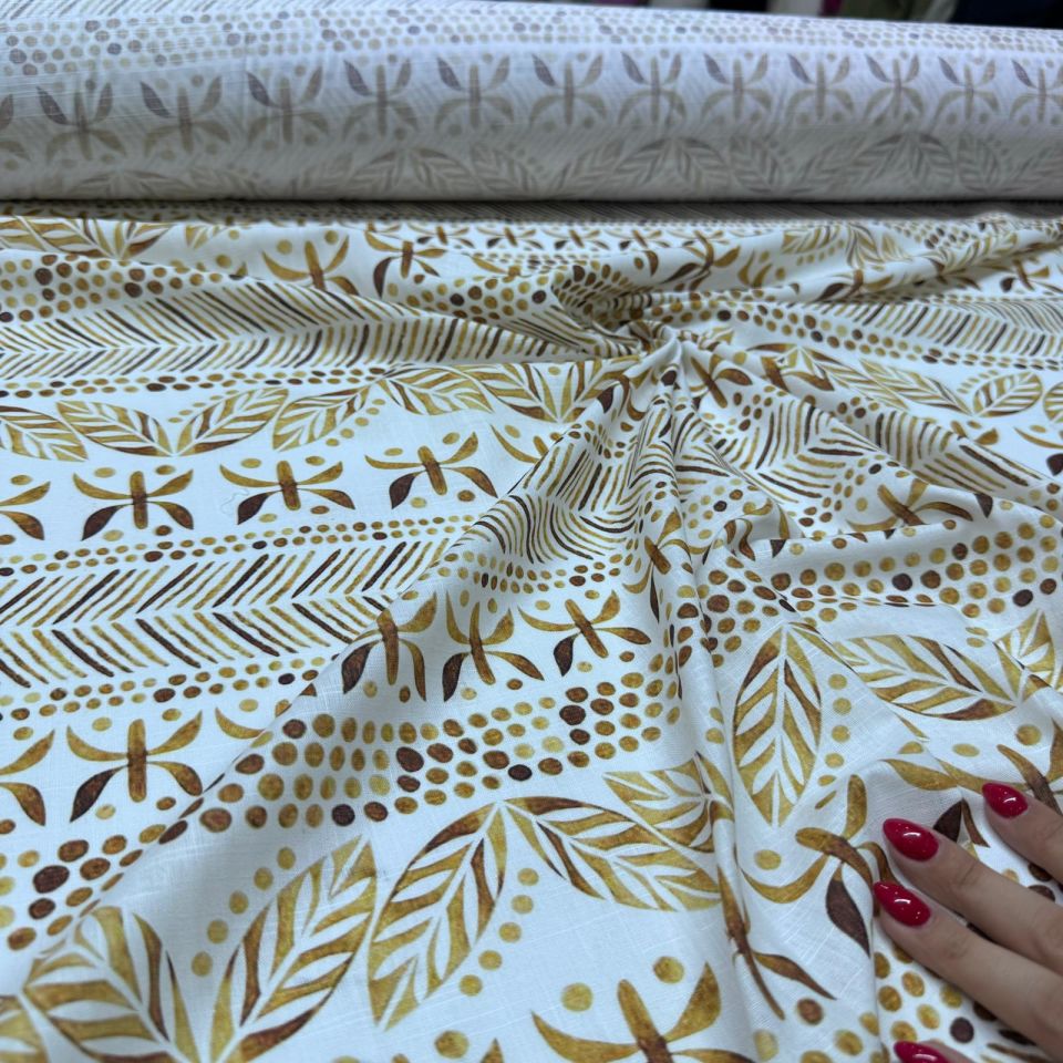 Flam Keten Kumaş %100 Pamuk Çift En Gold Renk Etnik Desenli